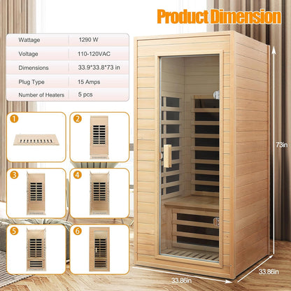 Far Infrared Sauna, 1 Person Infrared Sauna, Canadian Hemlock Wood 1290W Low-Emf Infrared Saunas for Home with Bluetooth Speakers, Reading Lamp